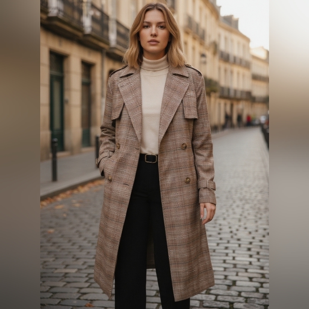 FANCO Plaid Trench-Style Jacket Coat with Pleated Back. Tan Multi Size Medium